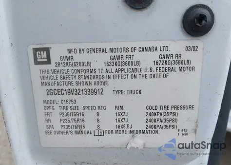 2002 Chevrolet Silverado 1500 Ls z USA, uszkodzony, nr VIN 2GCEC19V321339912